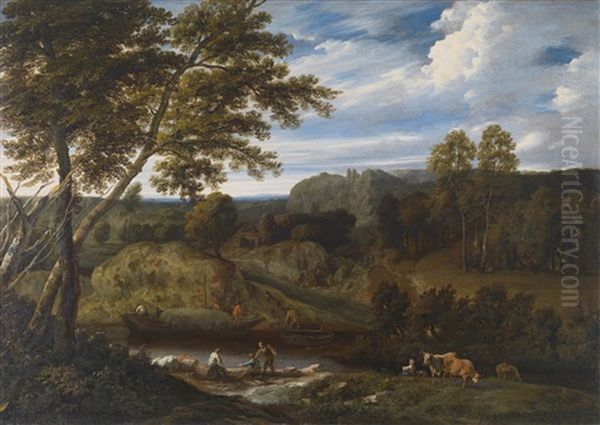 Eine Baumbestandene Flusslandschaft by Jan Baptist Huysmans