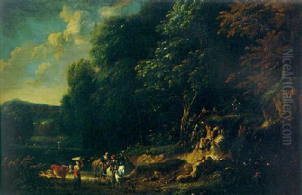 A Wooded Landscape With Peasants On A Cart On A Track by Jan Baptiste Huysmans