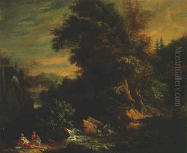 A Wooded River Landscape With Figures Resting By A Waterfall, Classical Ruins And A Homestead Beyond by Jan Baptiste Huysmans