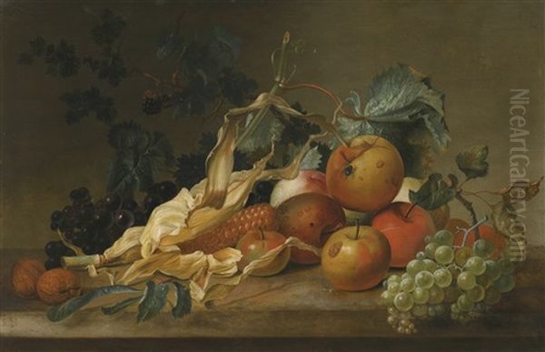 Still Life Of Blackberries, Grapes, Apples, Sweetcorn And Two Walnuts, All Upon A Stone Ledge by Jan Van Huysum