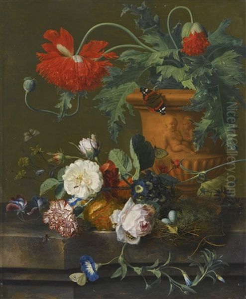 A Still Life Of Poppies In A Terracotta Vase, Roses, A Carnation And Other Flowers With A Bird's Nest On A Marble Ledge by Jan Van Huysum