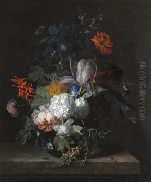 A Still Life With Hydrangea, Convolvulus, Polyanthus, Peonies, Auricula, Carnation, Tulips, Snowballs And Other Flowers In A Glass Vase Over A Stone Ledge With A Blubottle To The Left And A Hornet To The Right by Jan Van Huysum