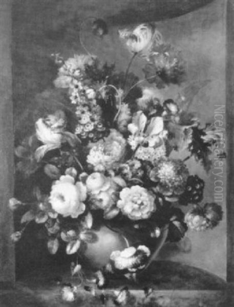 Mixed Flowers In A Pot In A Niche by Jan Van Huysum