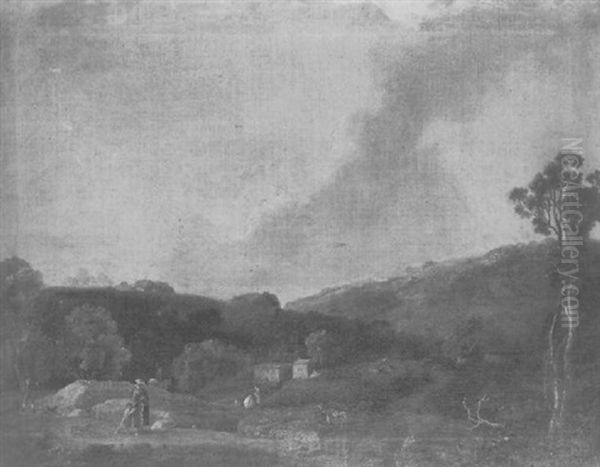 A Hilly Landscape With Peasants On A Path And A Village Beyond by Julius Caesar Ibbetson