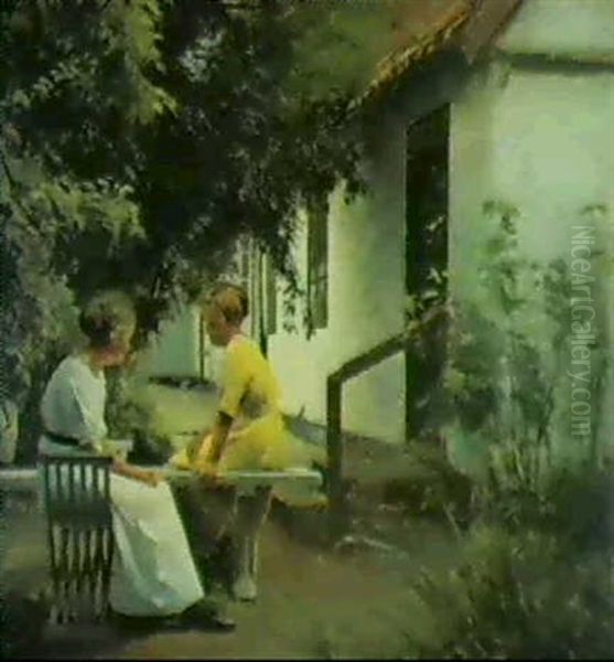 To Unge Piger I Samtale Udanfor Hvidkalket Hus by Peter Vilhelm Ilsted