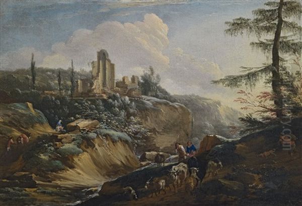 Two Landscapes With Shepherds And Ruins (2 Works) by Philips Augustyn Immenraet