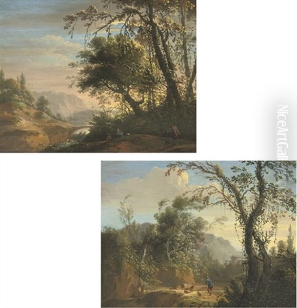 An Italianate River Landscape With Travellers (+ An Italianate Landscape With A Shepherd And His Flock; Pair) by Philips Augustyn Immenraet