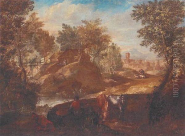 An Italianate Landscape With Herdsman And Cattle, A Town Beyond by Philips Augustyn Immenraet