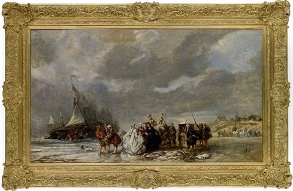 Debarquement De La Peche Sur La Plage by Louis-Gabriel-Eugene Isabey