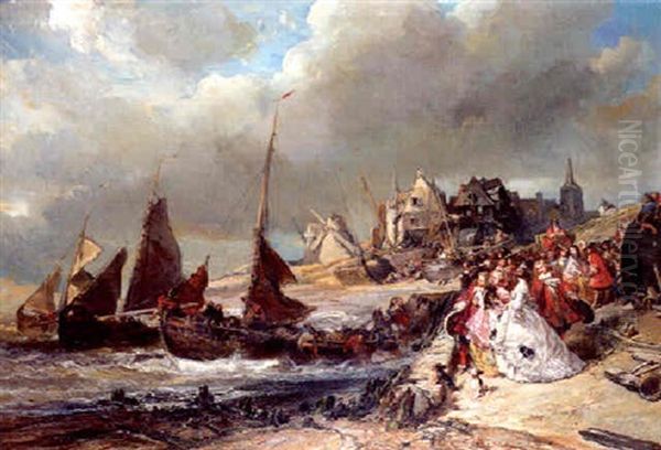 Seigneurs Francais Au Depart Des Pecheurs Dans Le Vieux Port De Boulogne by Louis-Gabriel-Eugene Isabey