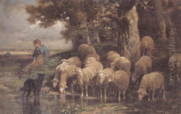 Shepherdess With Her Flock Resting By A Pool by Charles Emile Jacque