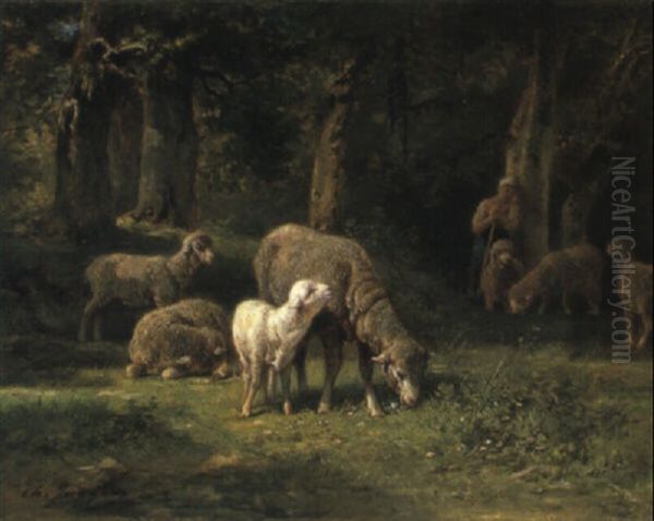 A Shepherdess Tending Her Flock by Charles Emile Jacque