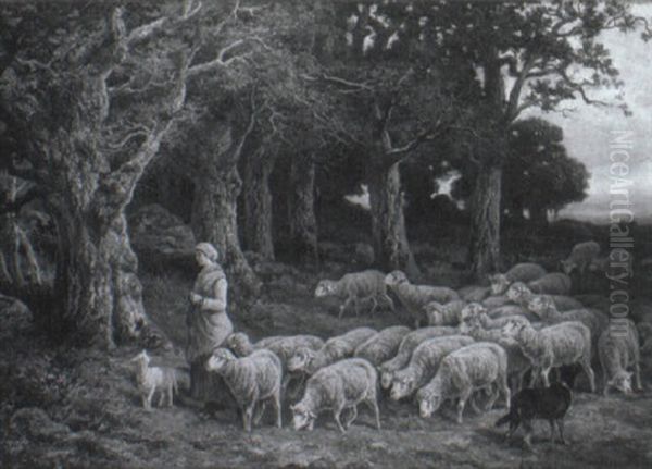 A Shepherdess And Her Flock At The Edge Of The Wood by Charles Emile Jacque