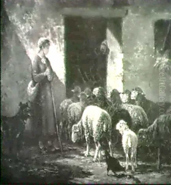 Young Woman Herding Sheep Into Barn by Charles Emile Jacque