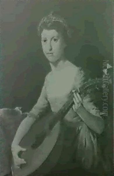 Portrait Of A Girl, Three-quarter Length, In A Pink Dress   And Lace Cap, Seated At A Table Playing A Lute by George James