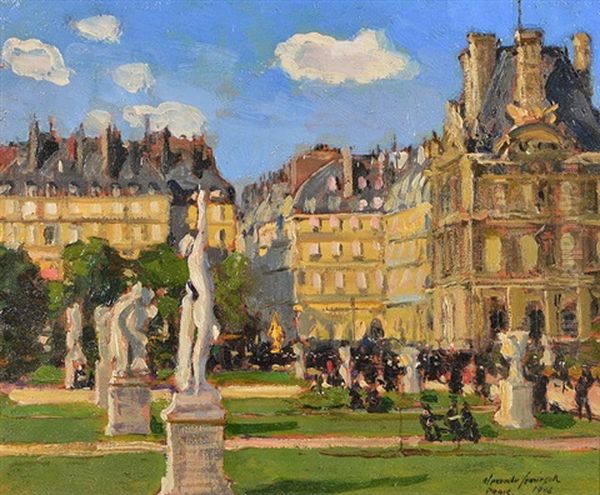 The White Statue, Corner Of The Tuilleries Gardens With The Louvre On The Right And Rue De Rivoli In The Distance by Alexander Jamieson