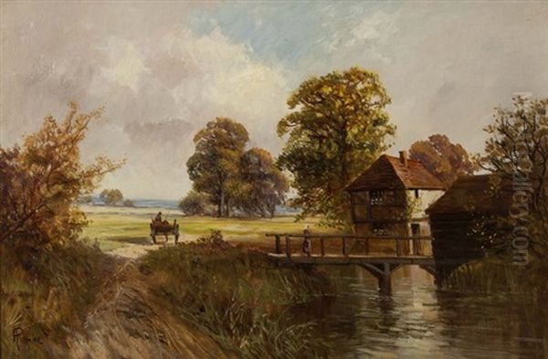 Extensive Landscape With Figure In Hay Wagon And Woman Crossing A Bridge By A Farmstead by Frederick E. Jamieson