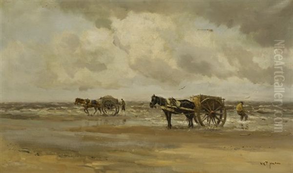 Shellfishers With Horse-and-carriages On The Beach by Willem George Frederik Jansen