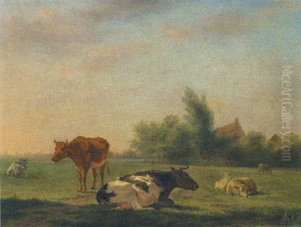 Cattle And Sheep In A Landscape by Johannes I Janson