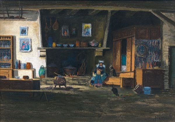 Interieur Breton, Le Repas Devant La Cheminee Oil Painting - Mathurin Janssaud