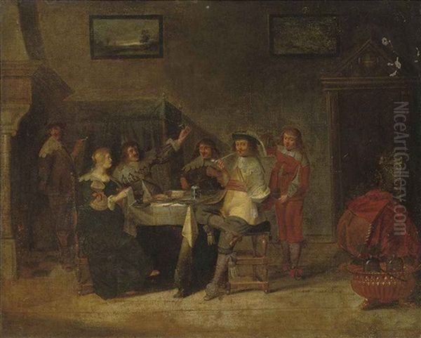 An Elegant Company Making Merry In An Interior by Hieronymous (Den Danser) Janssens