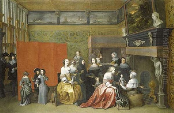 Ladies Celebrating The Birth Of A Child, With Gentlemen Looking On From Behind A Screen, In An Interior by Hieronymous (Den Danser) Janssens