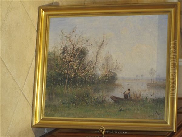 Pecheur Et Sa Barque Au Bord De L'etang by Louis Aime Japy