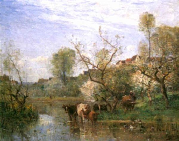 Cattle At A River In Spring by Louis Aime Japy