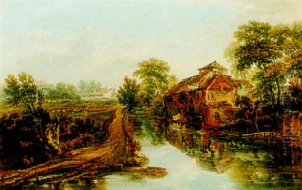 A Country River, With Buildings On A Bank, And A Village In The Distance by William George Jennings