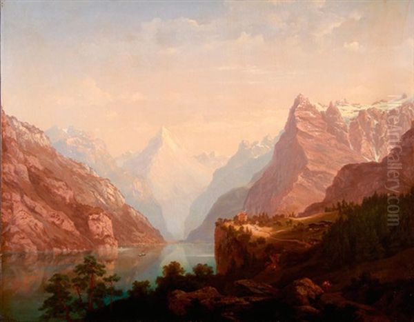 Expansive Alpine Lake Scene With Travelers by Arnold Albert Jenny