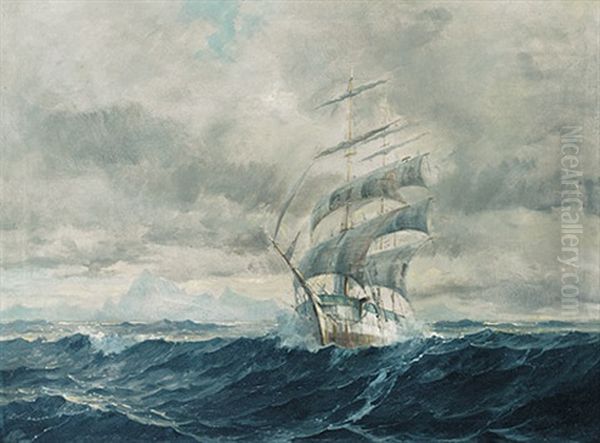 Besonnte Marine Mit Zweimastigem Segelschiff Vor Gebirgigem Hintergrund Im Sonnigen Licht by Peder Vilhelm Jensen-Klint