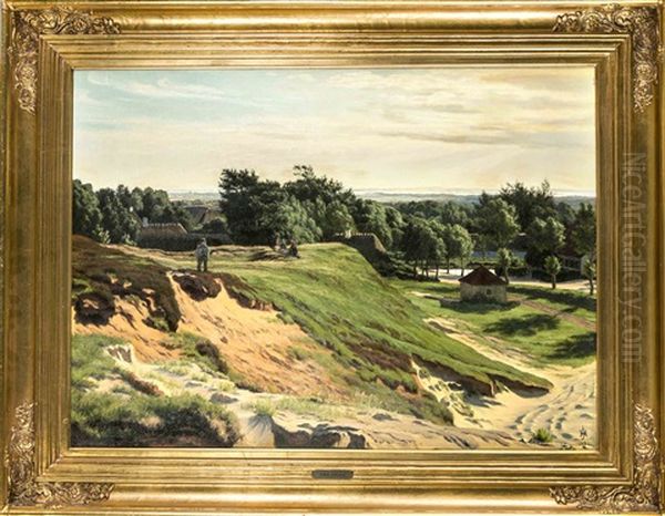 Weite Landschaft Mit Blick Auf Ein Dorf Un Spielenden Kindern by Henrik Gamst Jespersen