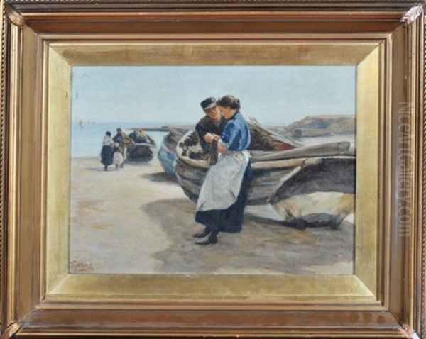 A Fisher Courtship - Figures And Cobles On Cullercoats Beach by Robert Jobling