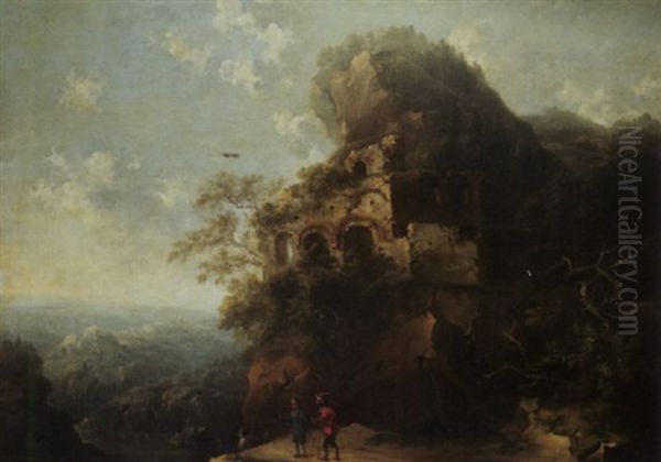 A Mountainous Landscape With Travellers On A Winding Road by Hans De Jode