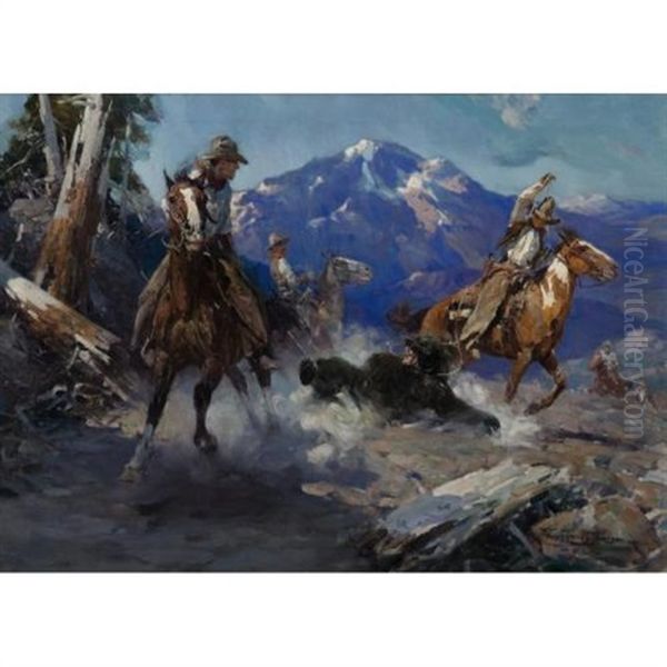 Cowboys Roping A Bear by Frank Tenney Johnson