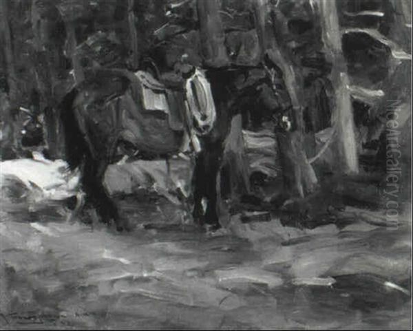 Saddled Horse In Wooded Landscape by Frank Tenney Johnson