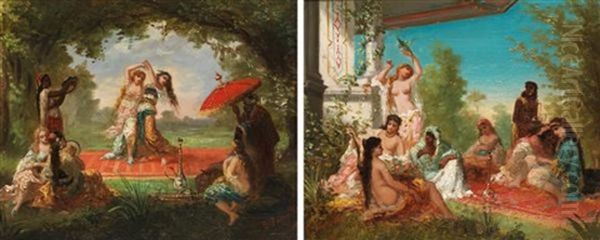 Danseuses Et Musiciennes Detente Au Harem (2 Works) by Antoine-Victor-Edmond Joinville