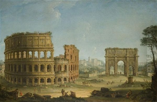 Rome, A View Of The Colosseum And The Arch Of Constantine, With An Artist Sketching In The Right Foreground by Antonio Joli