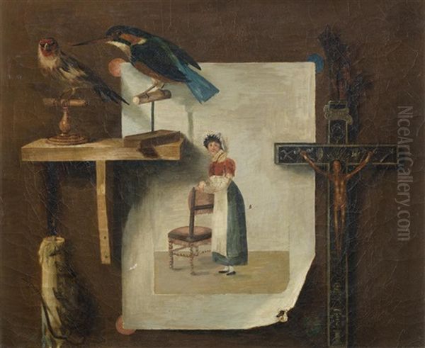 A Trompe L'oeil, With A Goldfinch And Kingfisher Together With An Engraving, A Candle And A Crucifix by Gabriel-Germain Joncherie