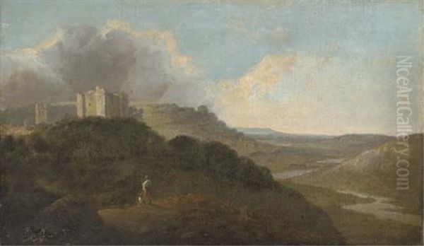 A Hilly Wooded River Landscape With Two Figures In The Foreground And A Castle (st. Briavels, On The Wye?) by Thomas Jones