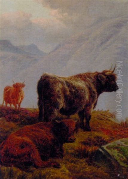 Highland Cattle In A Mountainous Landscape by Charles Jones