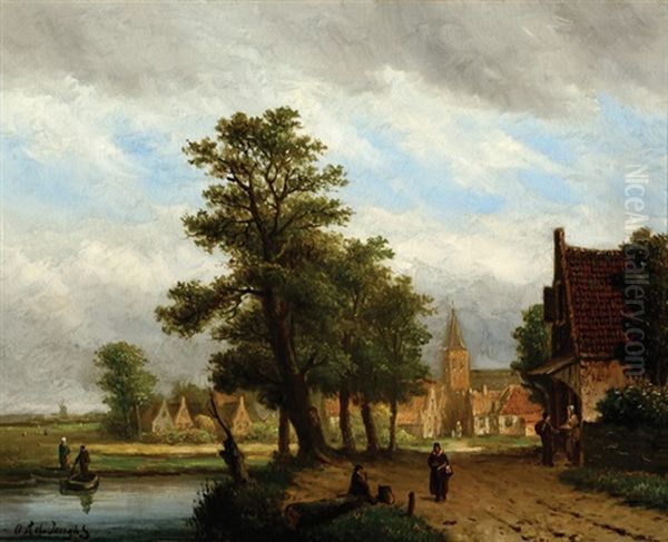 View Of A Village Near The Water by Oene Romkes De Jongh