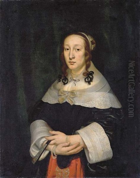 Portrait Of A Lady, Half-length, In A Red And Black Satin Dress With A Lace Collar And Pearls, Holding A Fan With Clasped Hands by Cornelis Jonson Van Ceulen