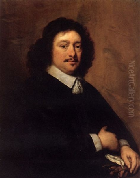 Portrait Of A Gentleman Wearing A Black Coat And A Lace Collar, Holding A Pair Of Gloves by Cornelis Jonson Van Ceulen