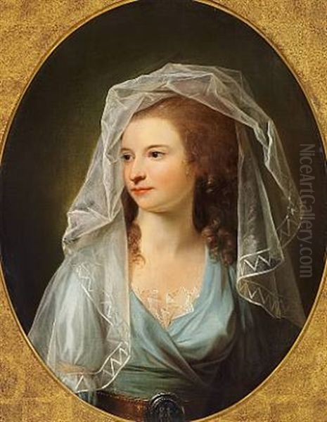 Portrait Af Maria Helena Kortright, Nee Hendrickson, With Long, Light-brown Curly Hair Covered By A Thin Tulle Cloth by Jens Juel