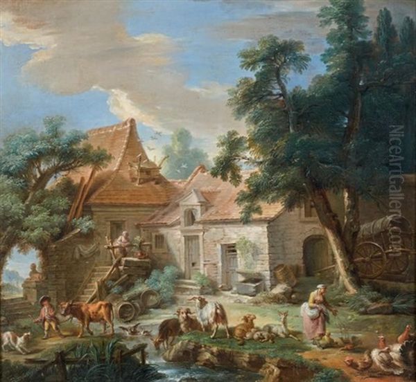 Cour De Ferme Animee by Nicolas-Jacques Juliard