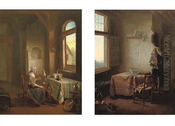 A Woman Spinning In An Interior (+ A Young Man Sharpening His Pen In An Interior; Pair) by Justus Juncker