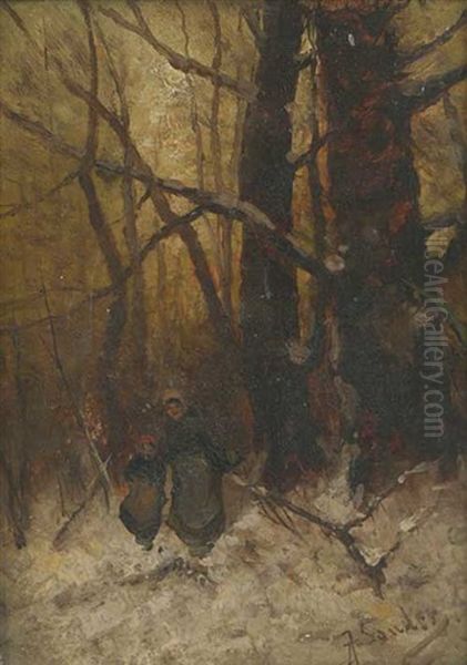 Frau Und Madchen Im Verschneiten Wald by Johann Jungblut