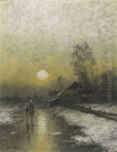 Winterliche Fluslandschaft Bei Untergang Der Sonne by Johann Jungblut