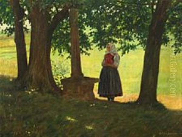 Forest Scene With Woman At A Monument by Reinhard Paul Junghanns